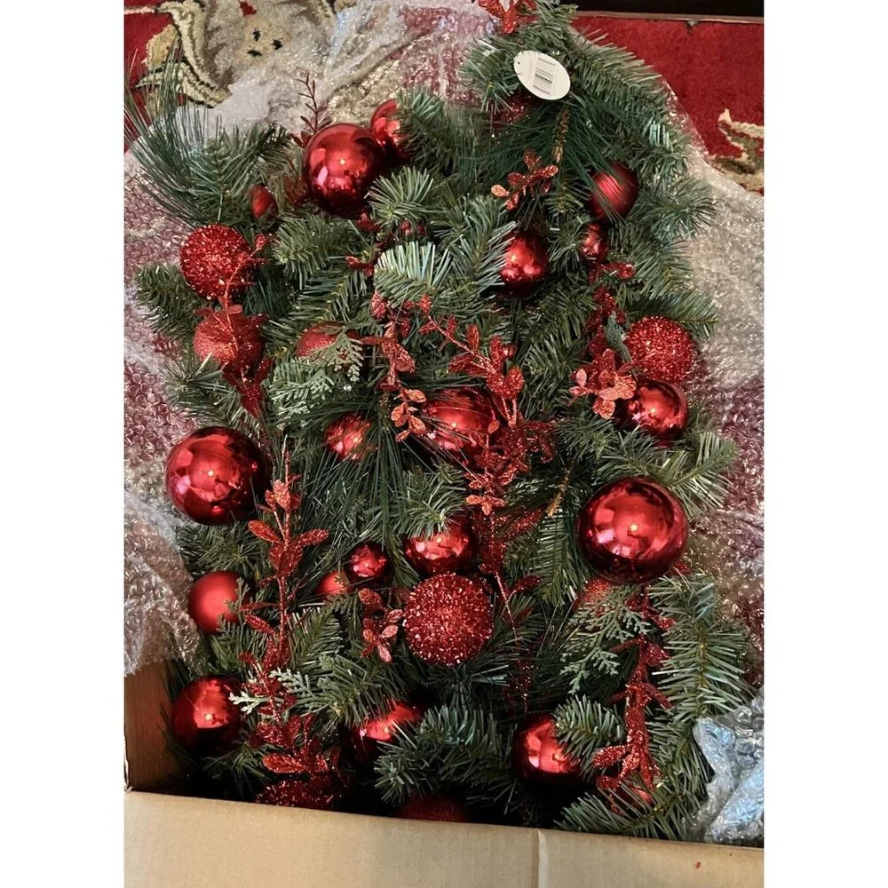 9ft x 12in Pre-Lit Battery Operated LED White Lights~ Red Mix Artificial Garland